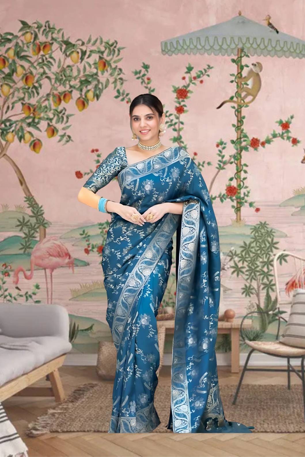 Front view showing Rama green silk saree glowing in palace lights