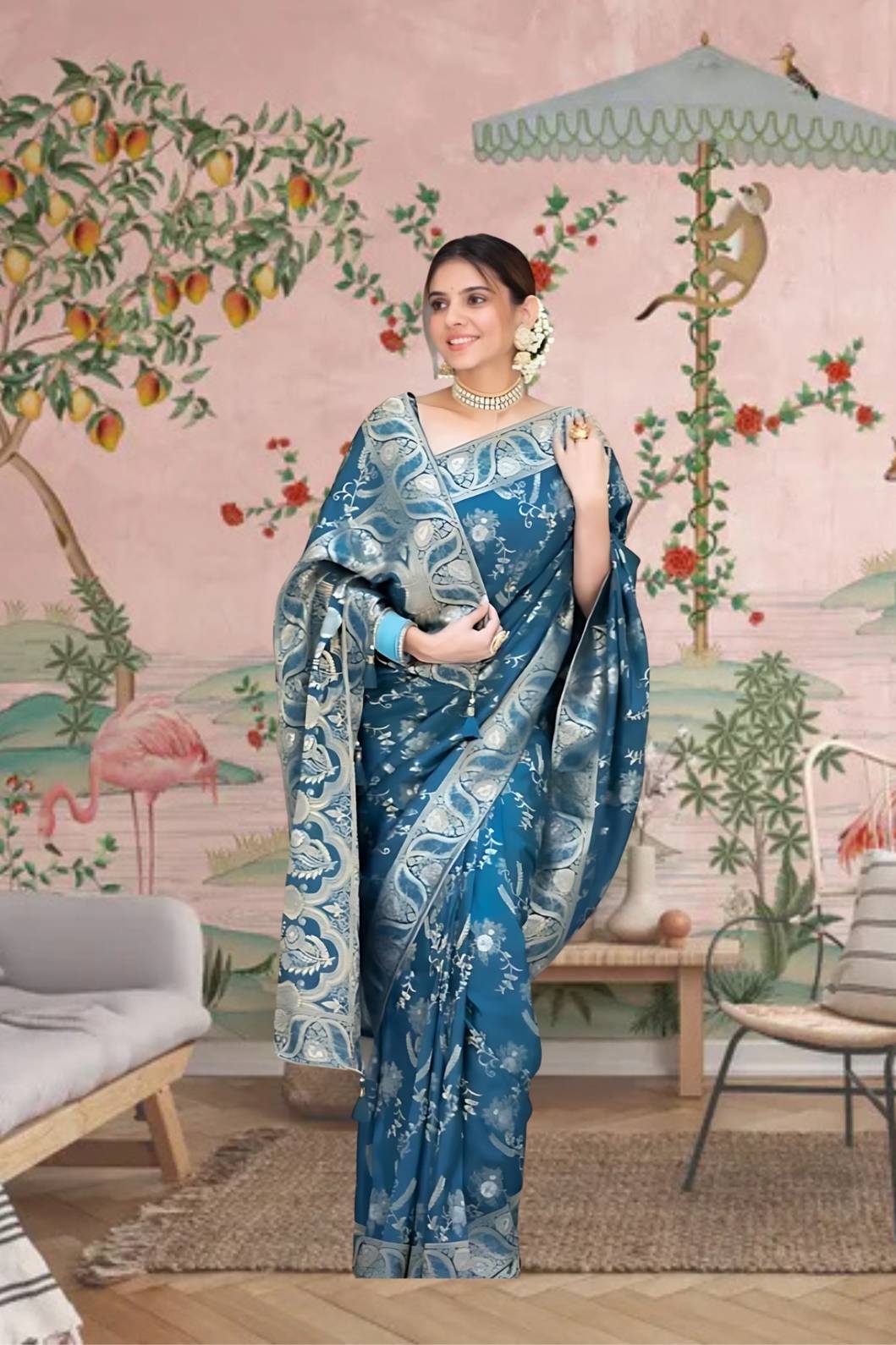 Front view showing Rama green silk saree glowing in palace lights