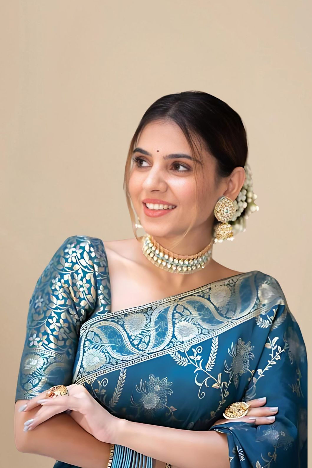 Front studio angle showing full saree design and color vibrance