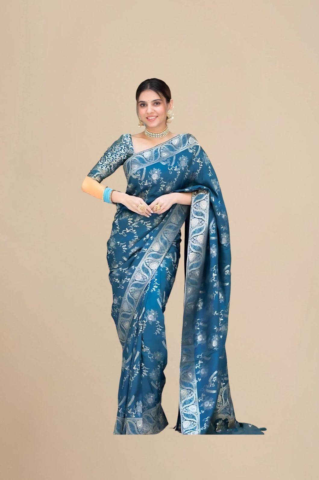 Front studio angle showing full saree design and color vibrance
