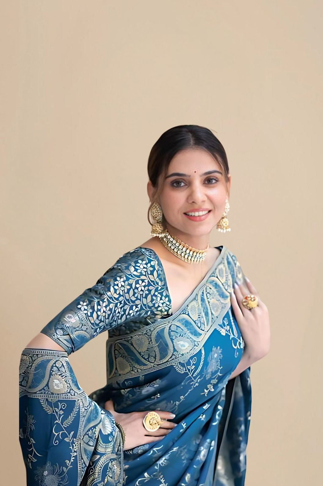 Studio left profile with silk detail and border craftsmanship