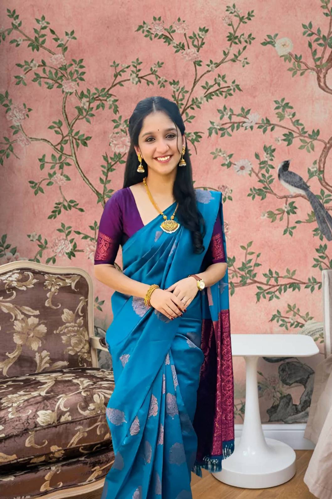 Front view of Rama green silk saree in royal setting