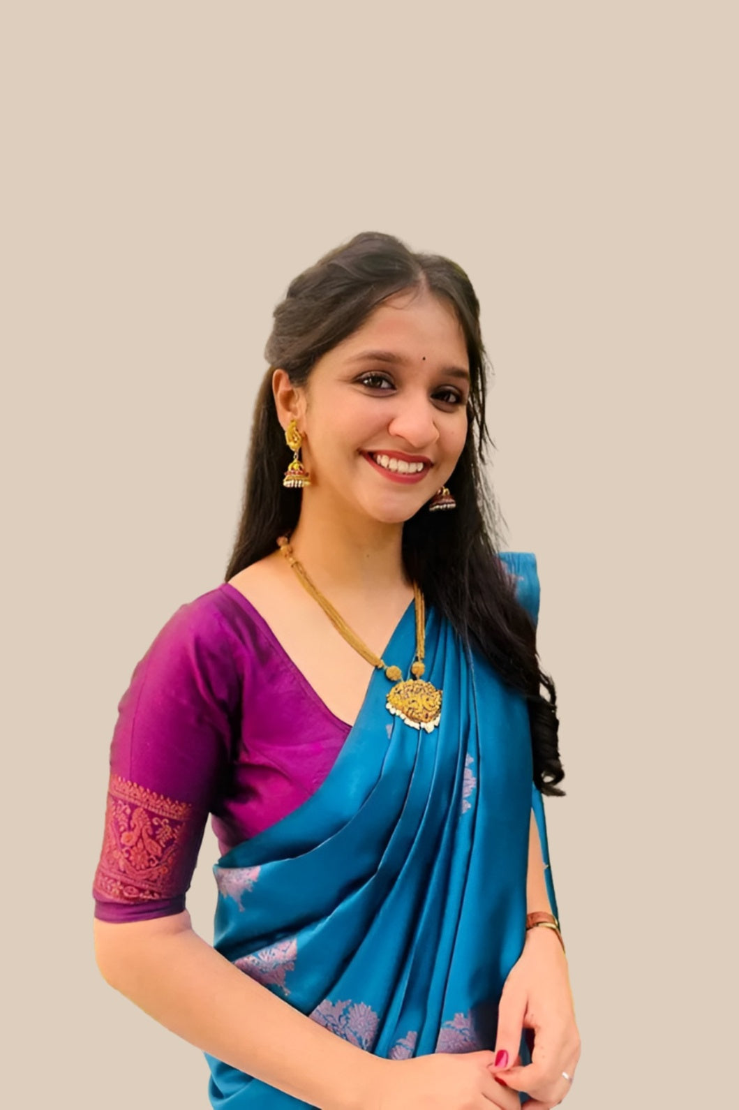 Studio front view of Rama green silk printed saree