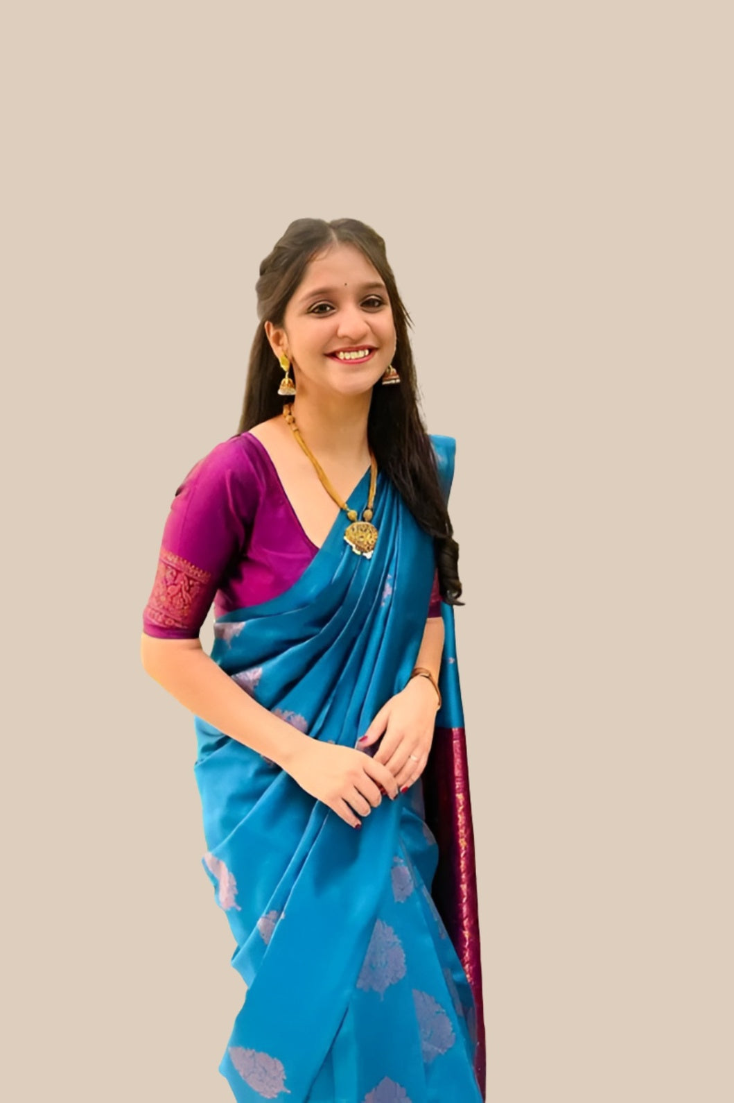 Studio front view of Rama green silk printed saree