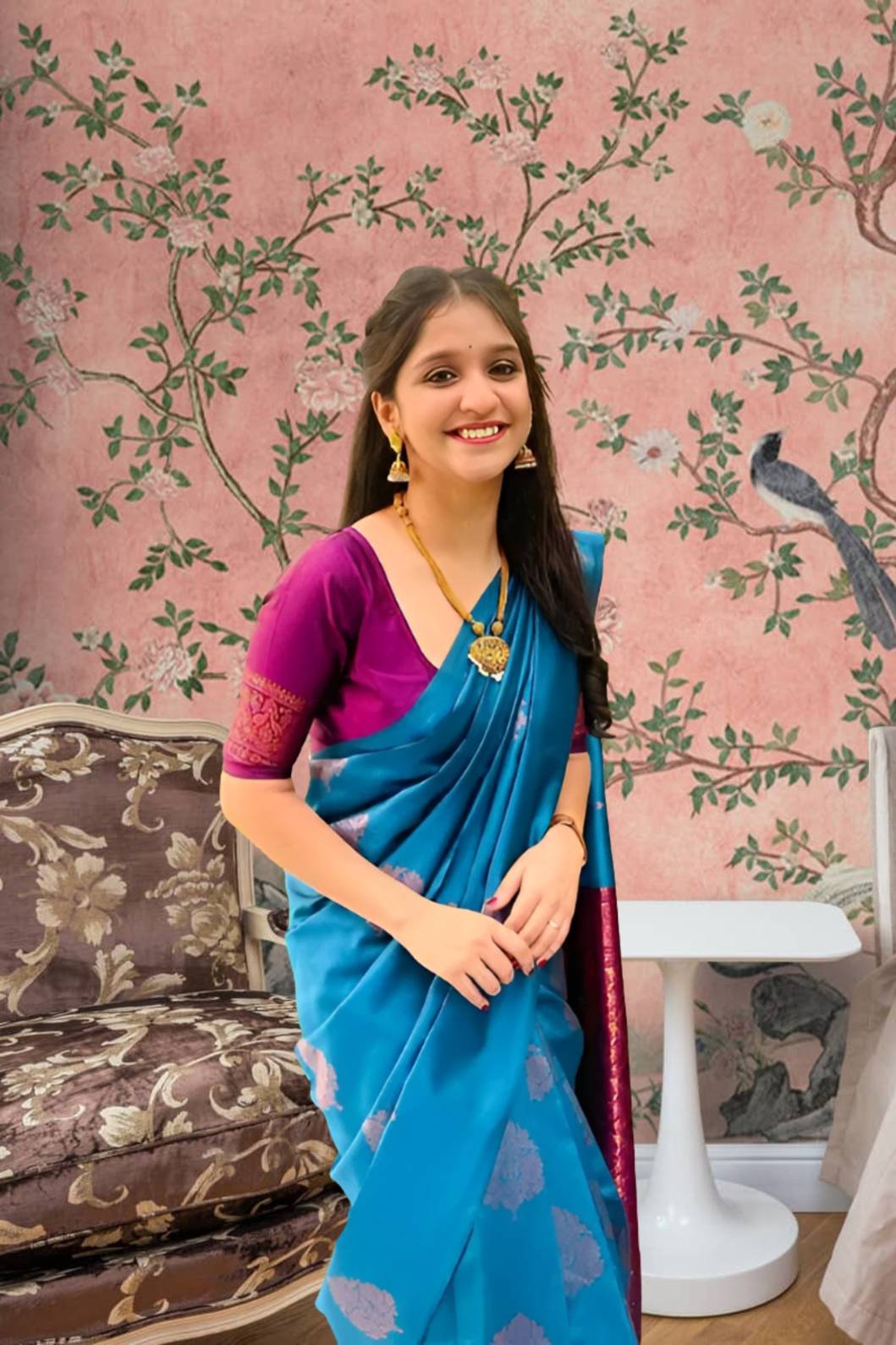 Left profile highlighting gentle pleats and flow