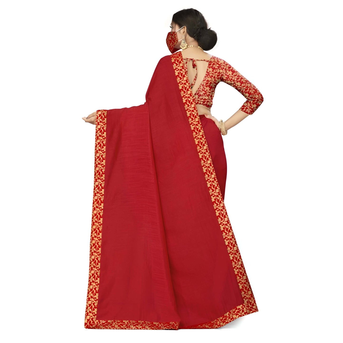 Red saree pallu cascading in regal palace room with ornate backdrop
