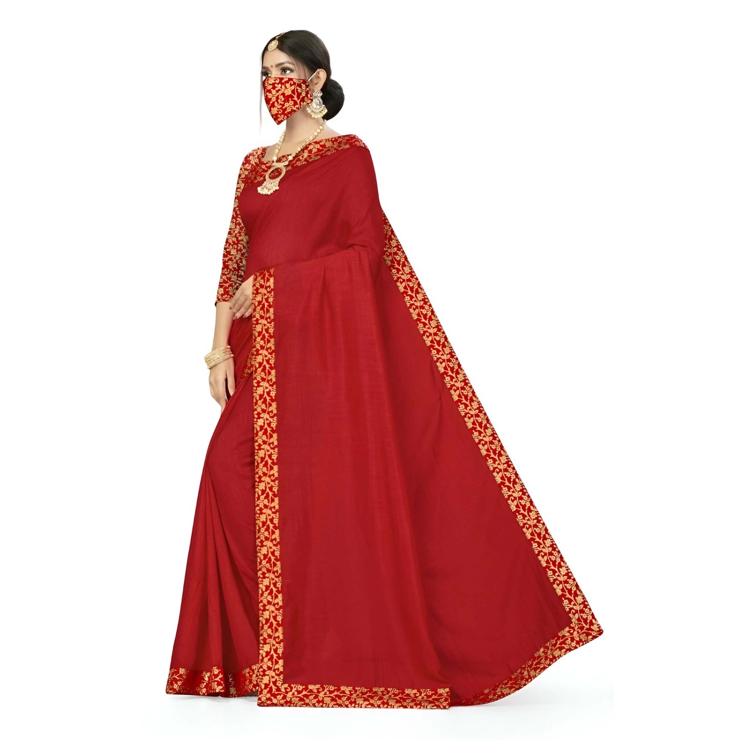 Sindoor red silk blend saree with gold motifs on plain white background