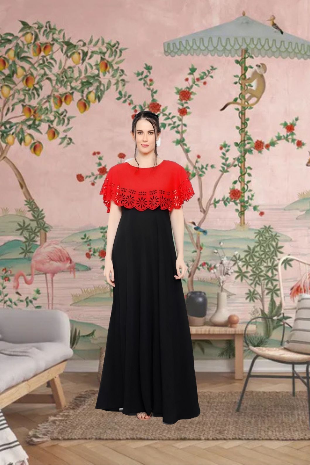 Front view of red and black sleeveless gown in royal setting