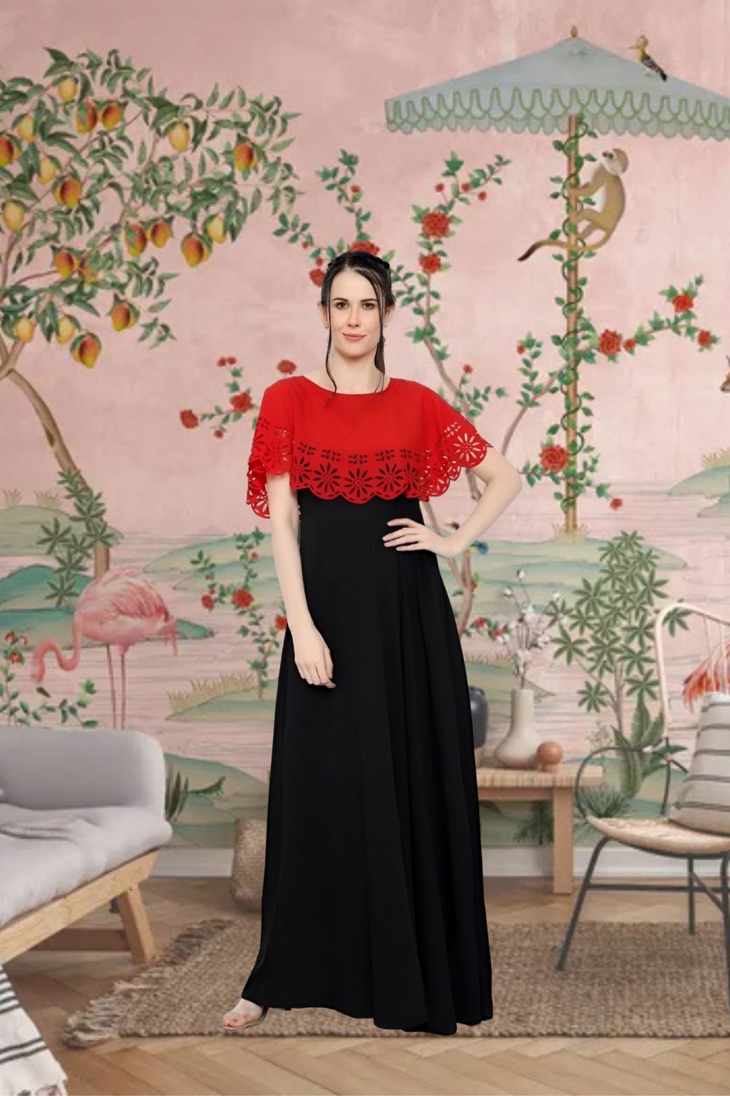 Front view of red and black sleeveless gown in royal setting