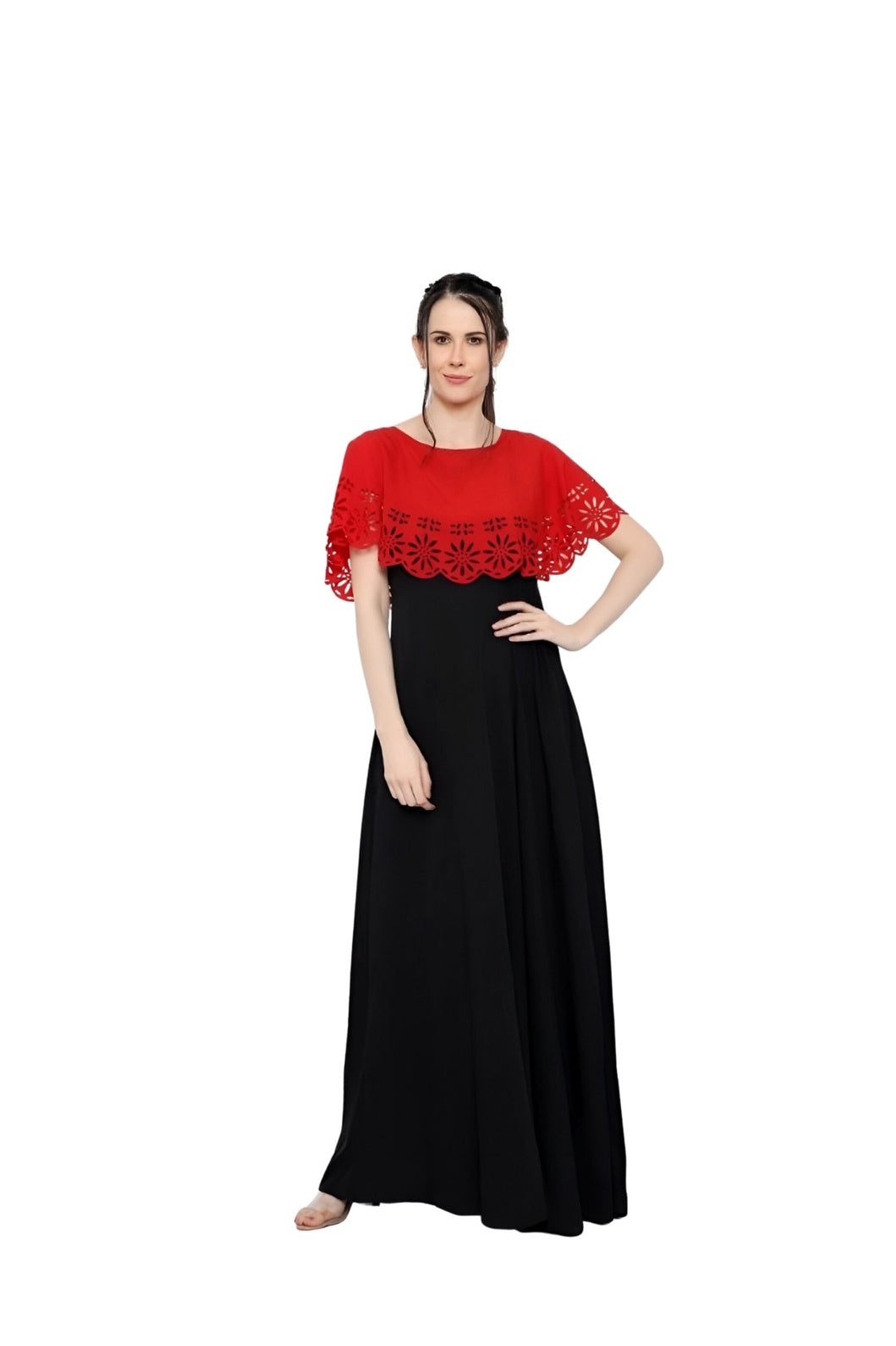 Studio front shot of red-black sleeveless crepe gown