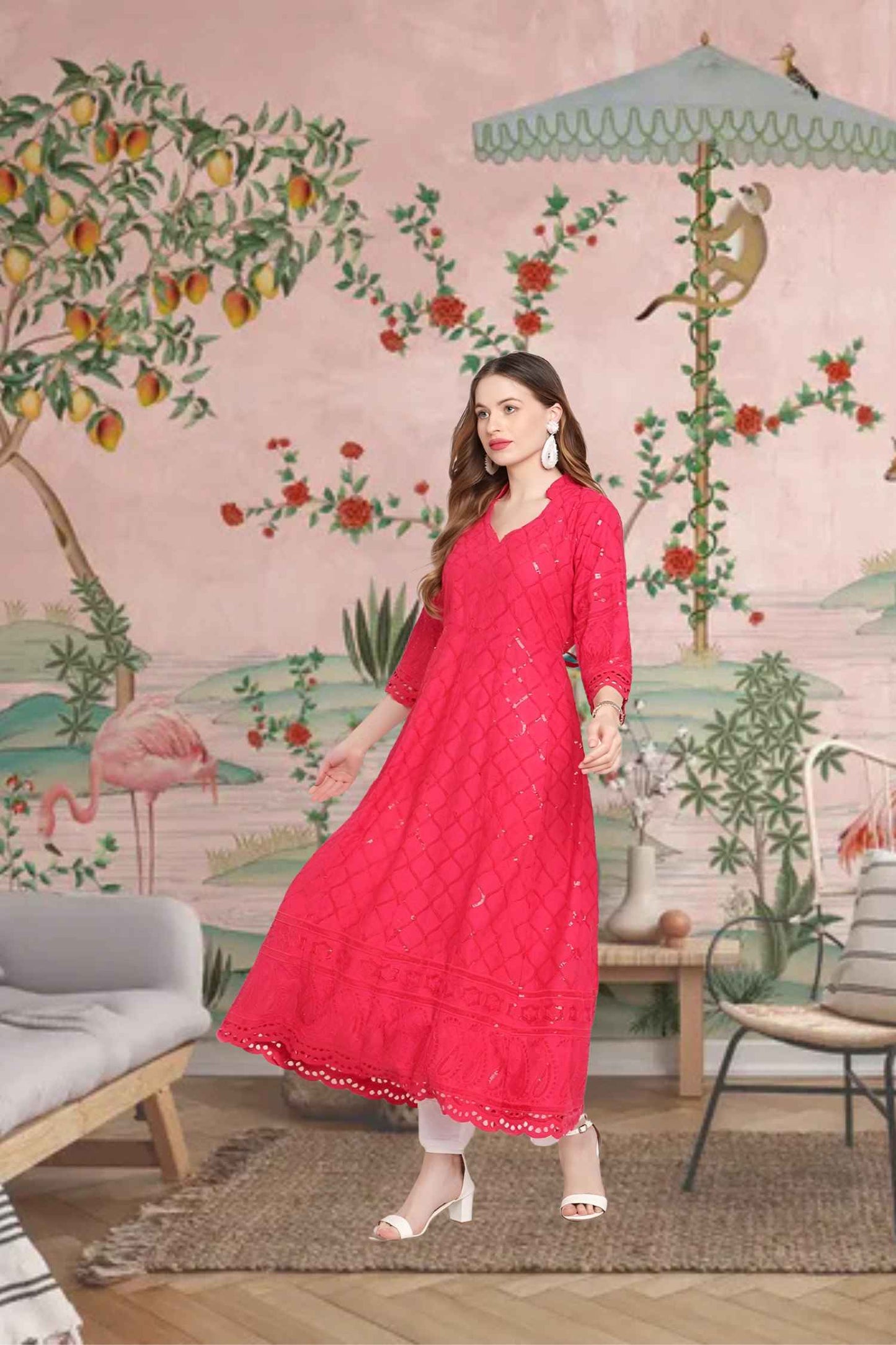 Front view: Magenta kurti against flowering gardens