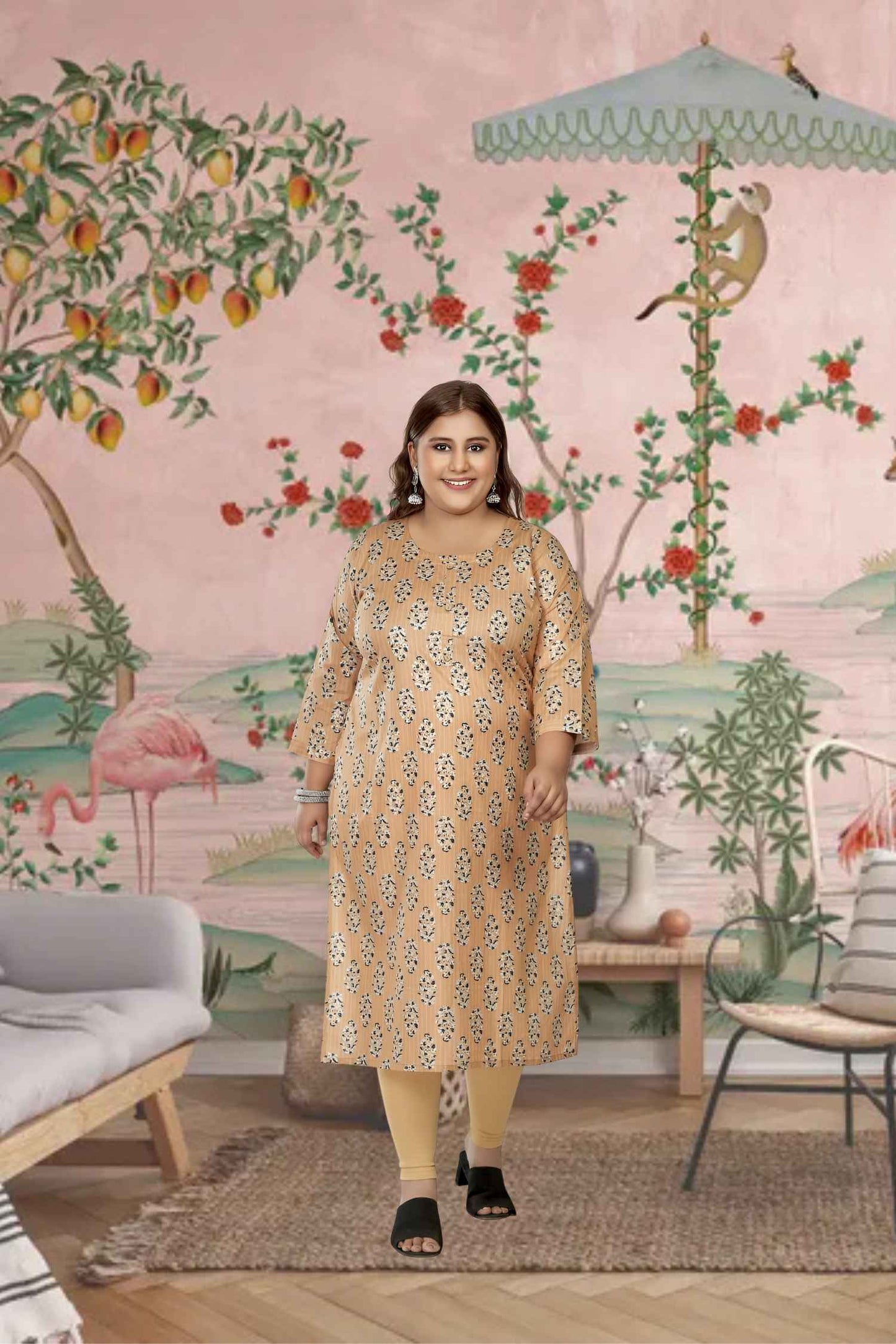 Front view: Light orange kurti glowing under golden arches