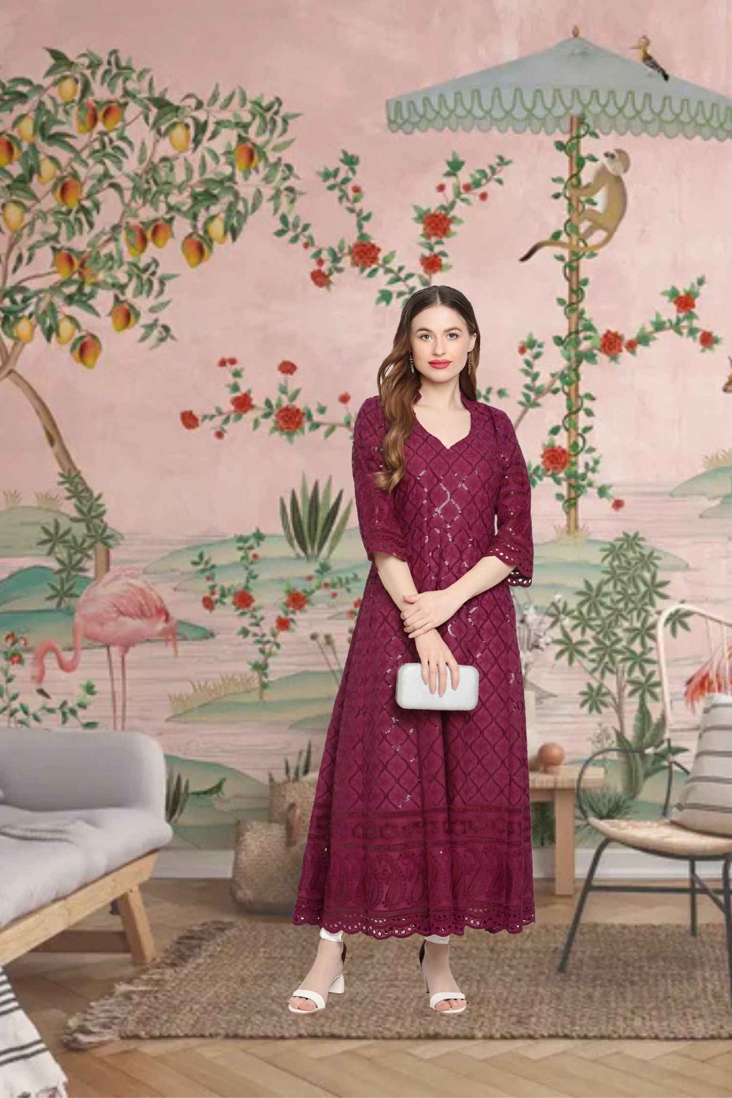 Front view: Purple kurti with shimmering amethyst embroidery in a twilight setting