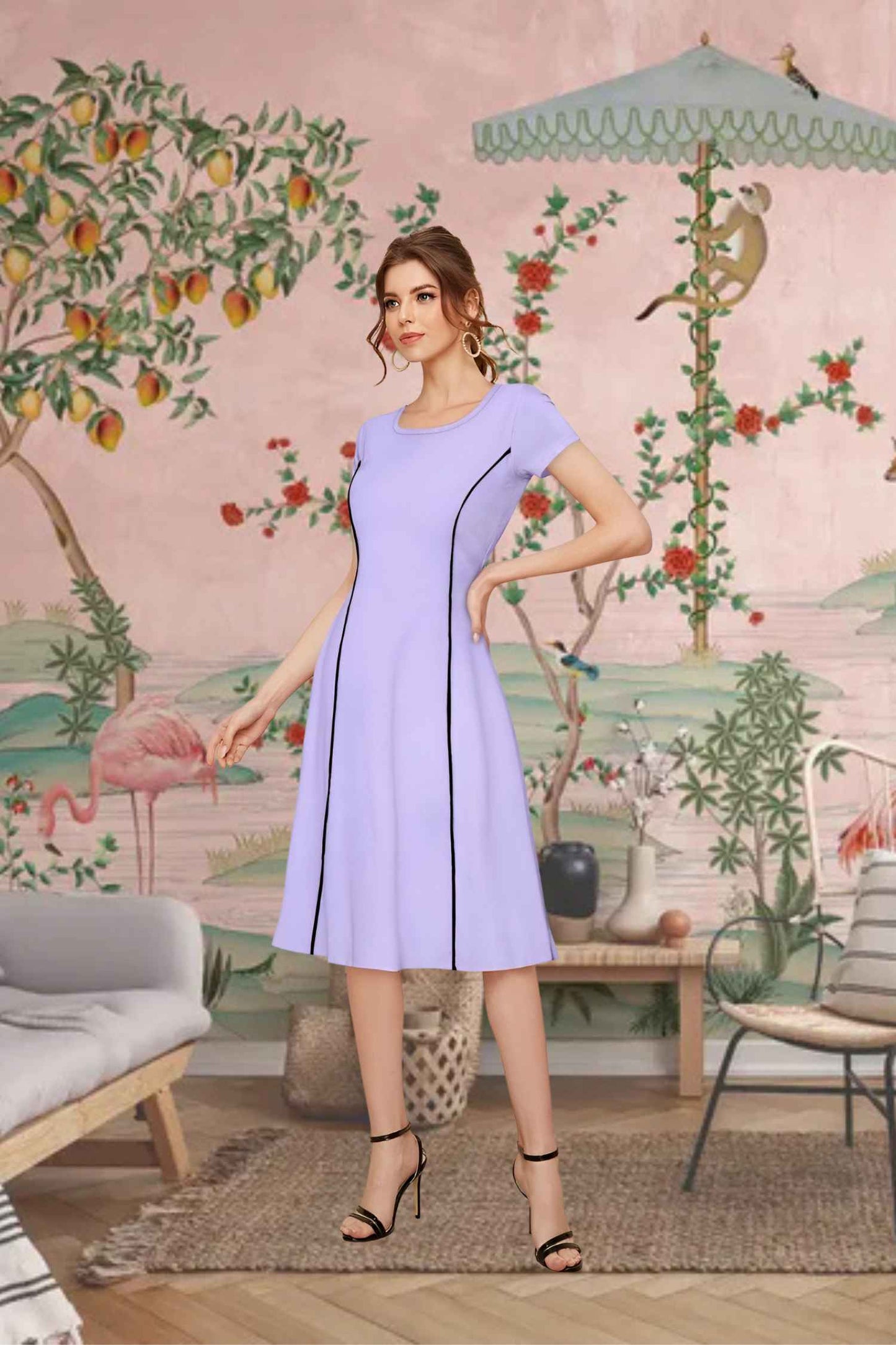 Front angle of the BTS-inspired purple cap-sleeve dress