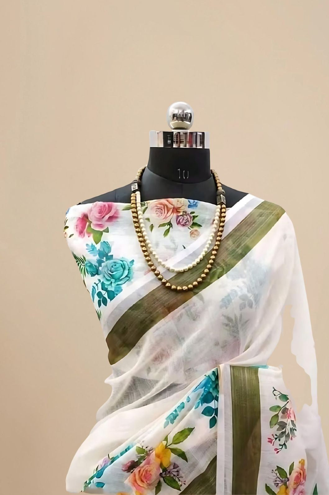 Studio front view showing full saree design and blouse pairing