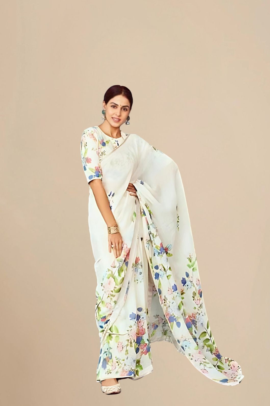 Studio front view showing full saree design and blouse pairing