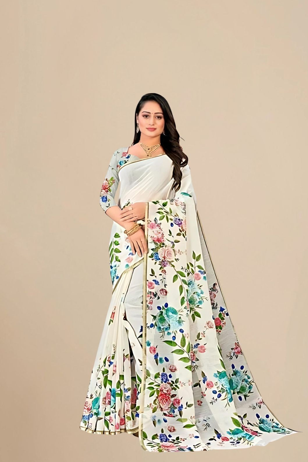 Studio front view showing full saree design and blouse pairing