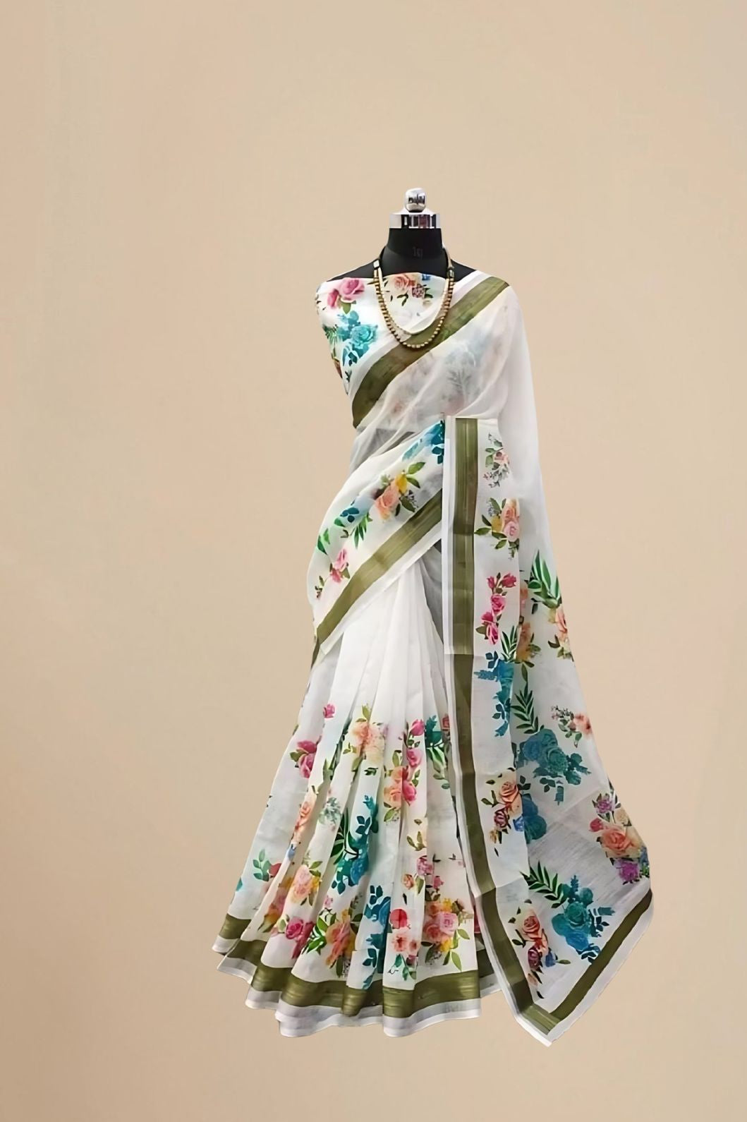 Studio front view showing full saree design and blouse pairing
