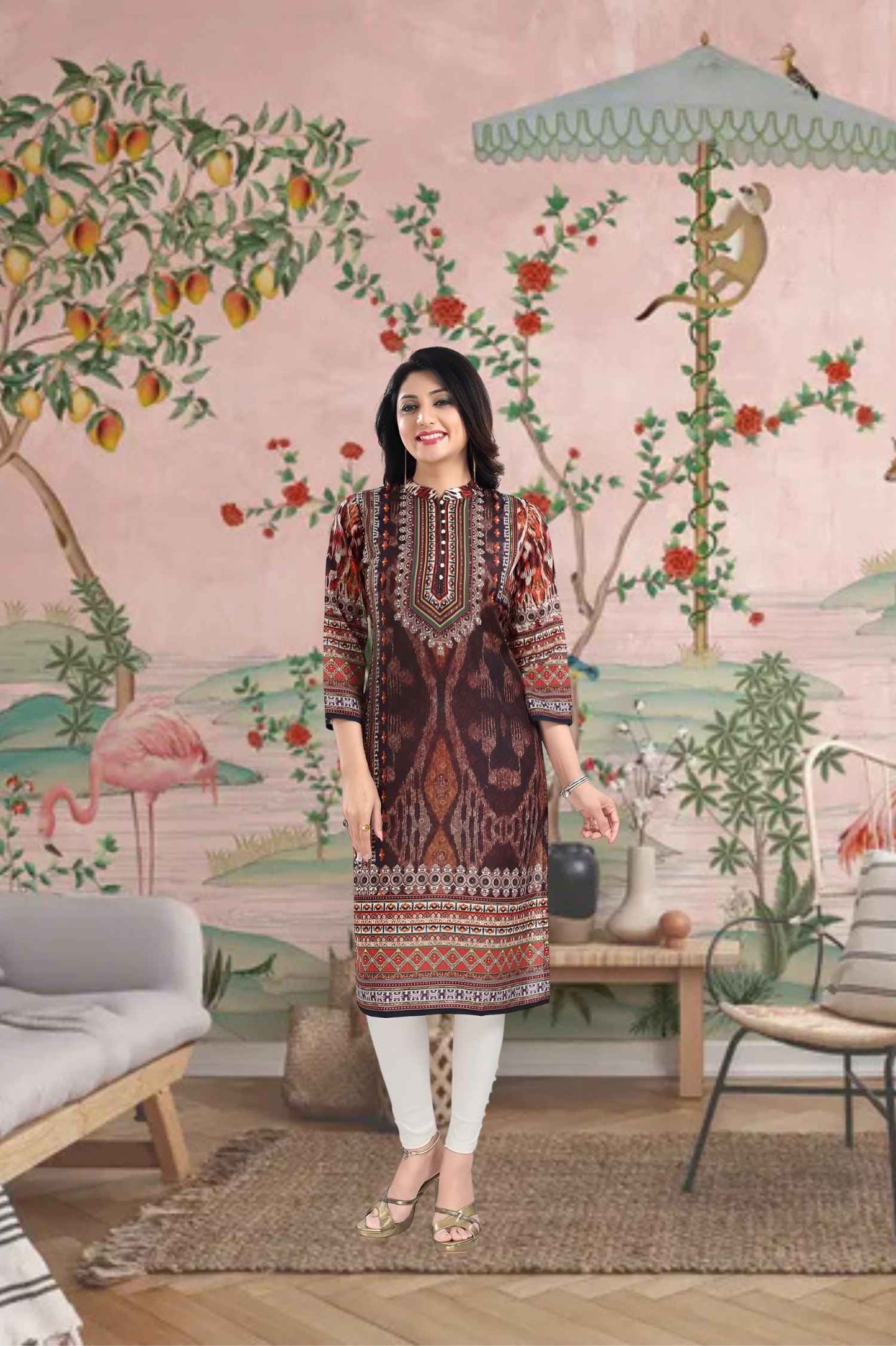 Front view against waking desert, fabric rippling like heat waves