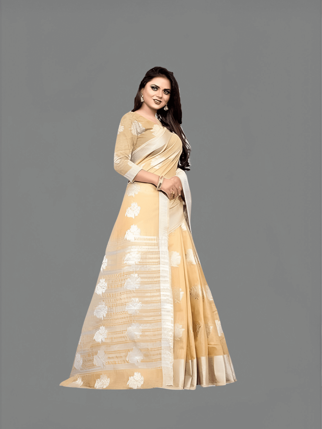 Minimalist self-border design on beige cotton silk saree