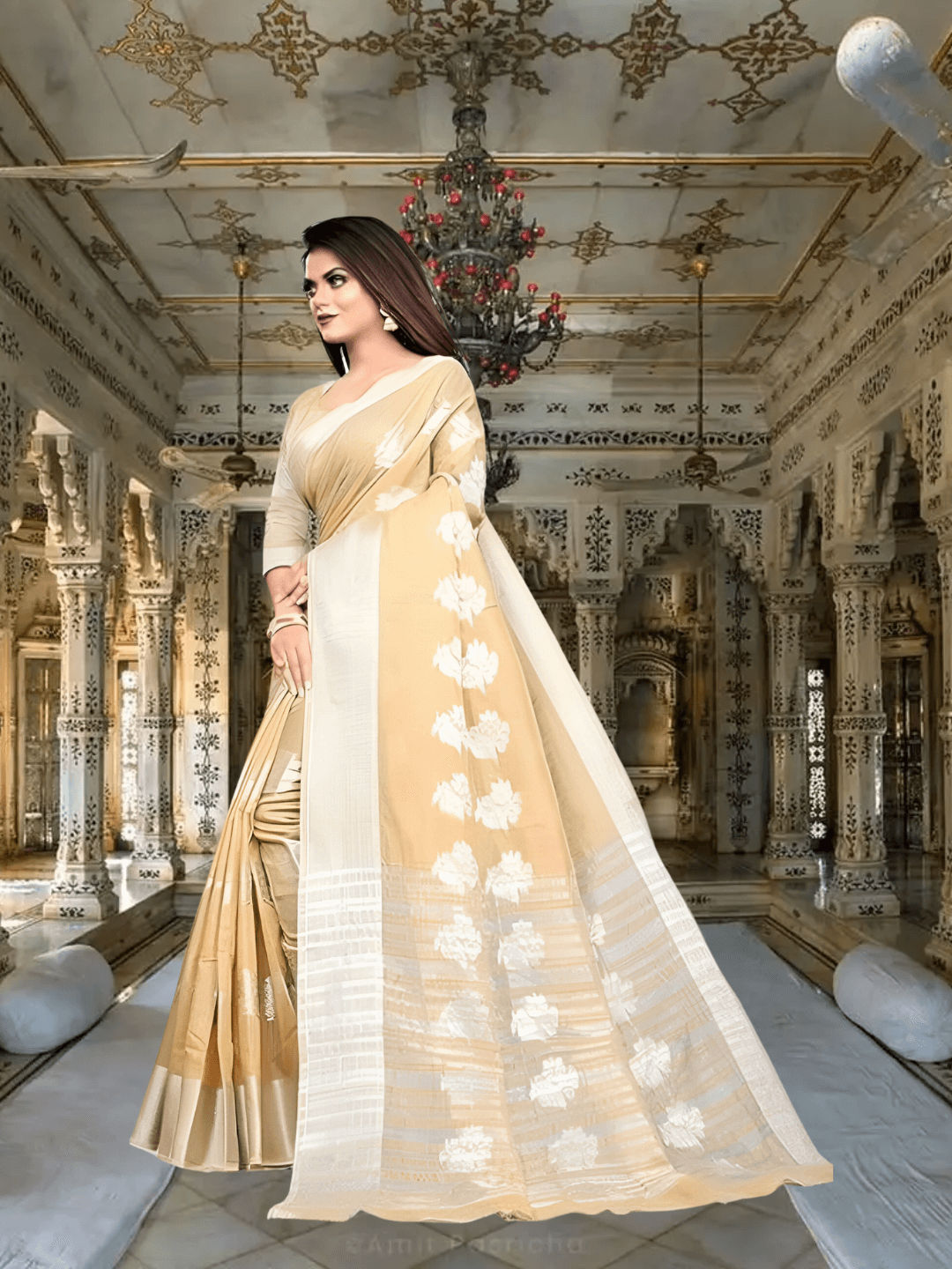 Elegant beige saree at outdoor daytime wedding reception