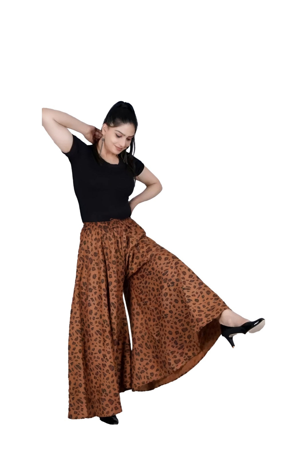 Studio front shot of brown jaguar pattern palazzo