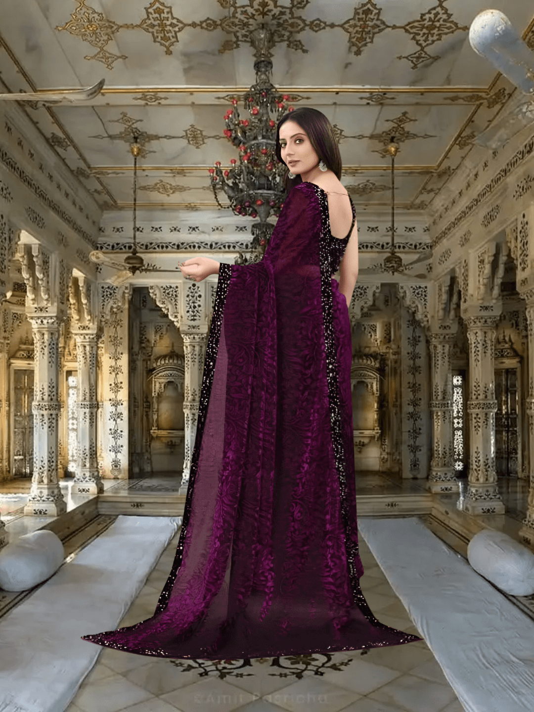 Close-up of shiny black border on wine saree