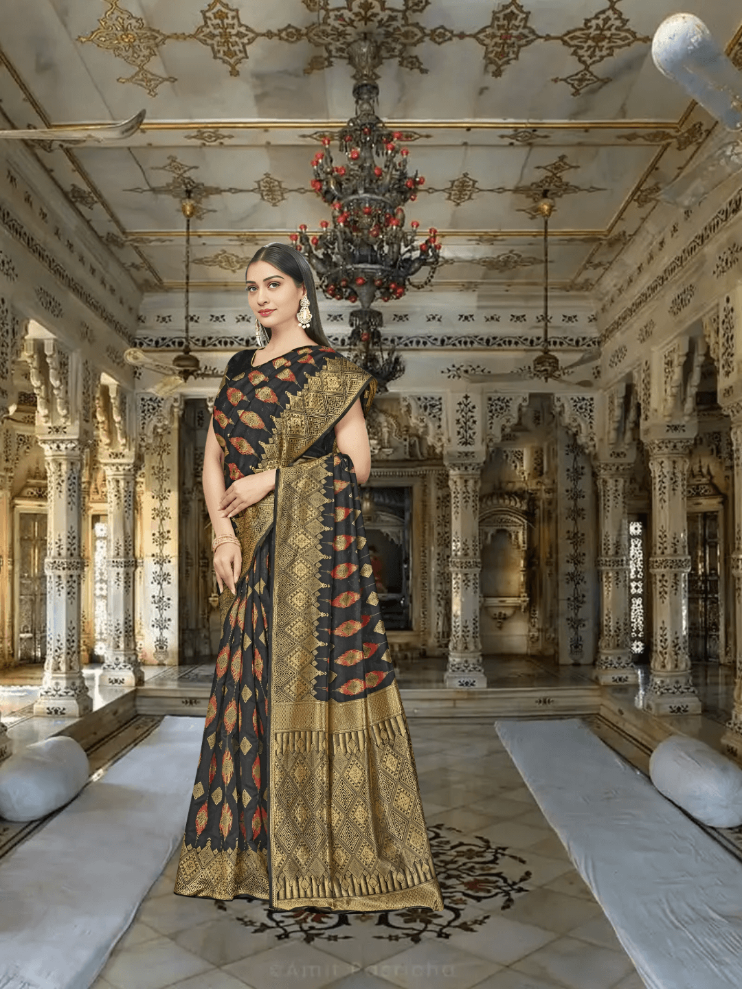 Model mid-spin: abstract gold patterns smearing like kinetic art