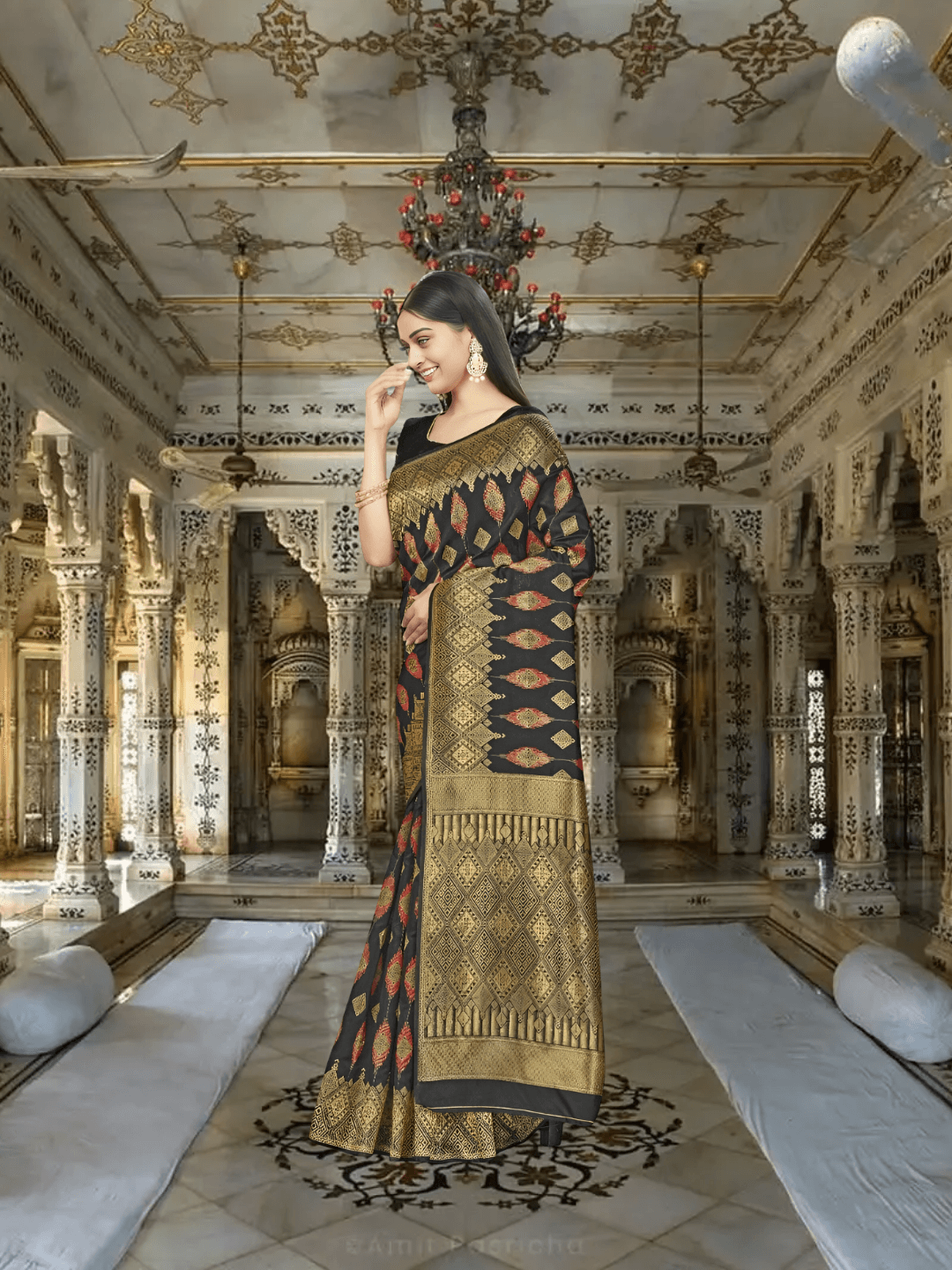 Black Banarasi saree in thunderstorm, gold borders flashing like lightning