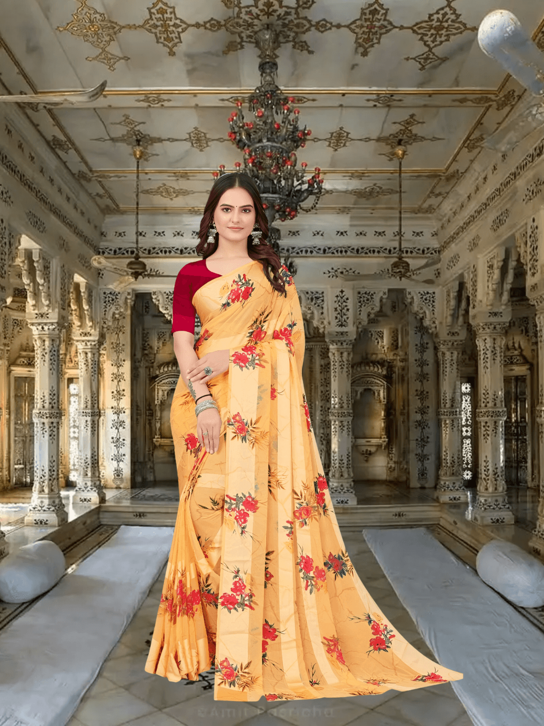 Unstitched blouse fabric for beige saree – sleeve options