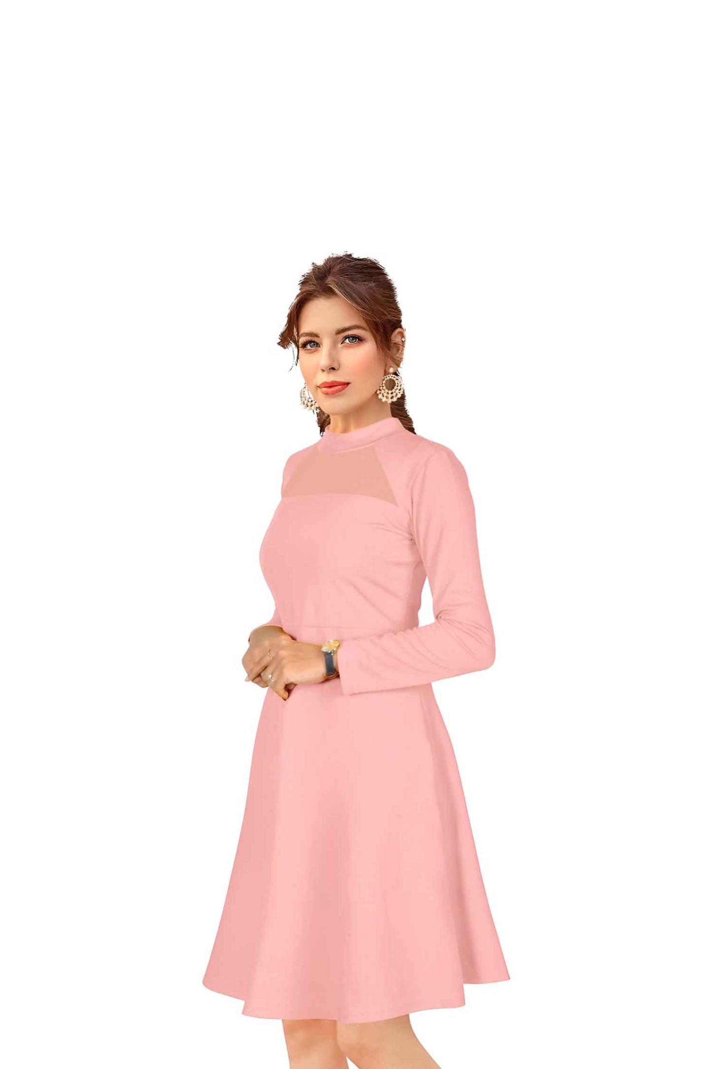 Isolated angled view of peach round-neck dress with no background