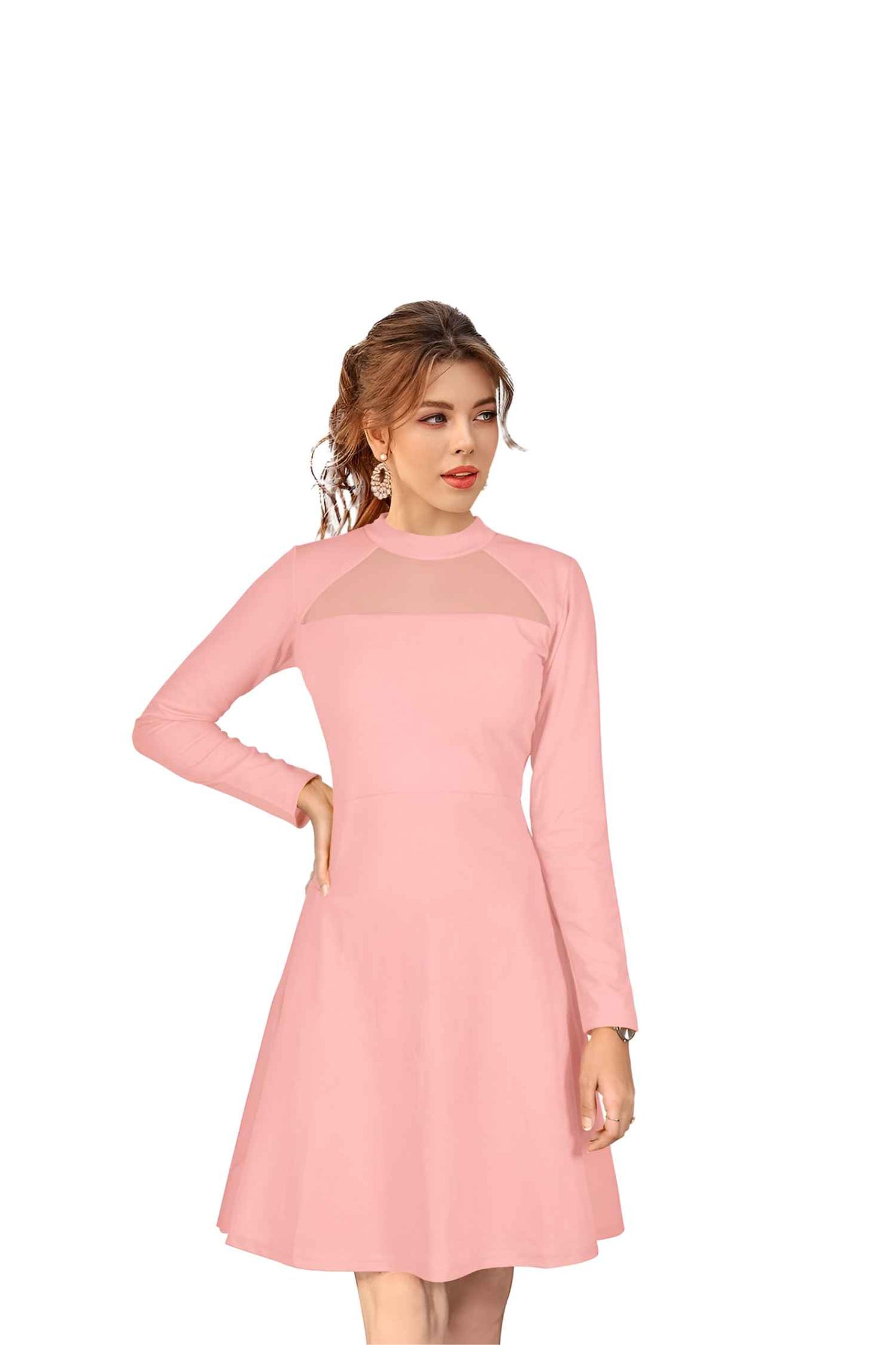 Peach stretchable monochrome dress front cutout on white background