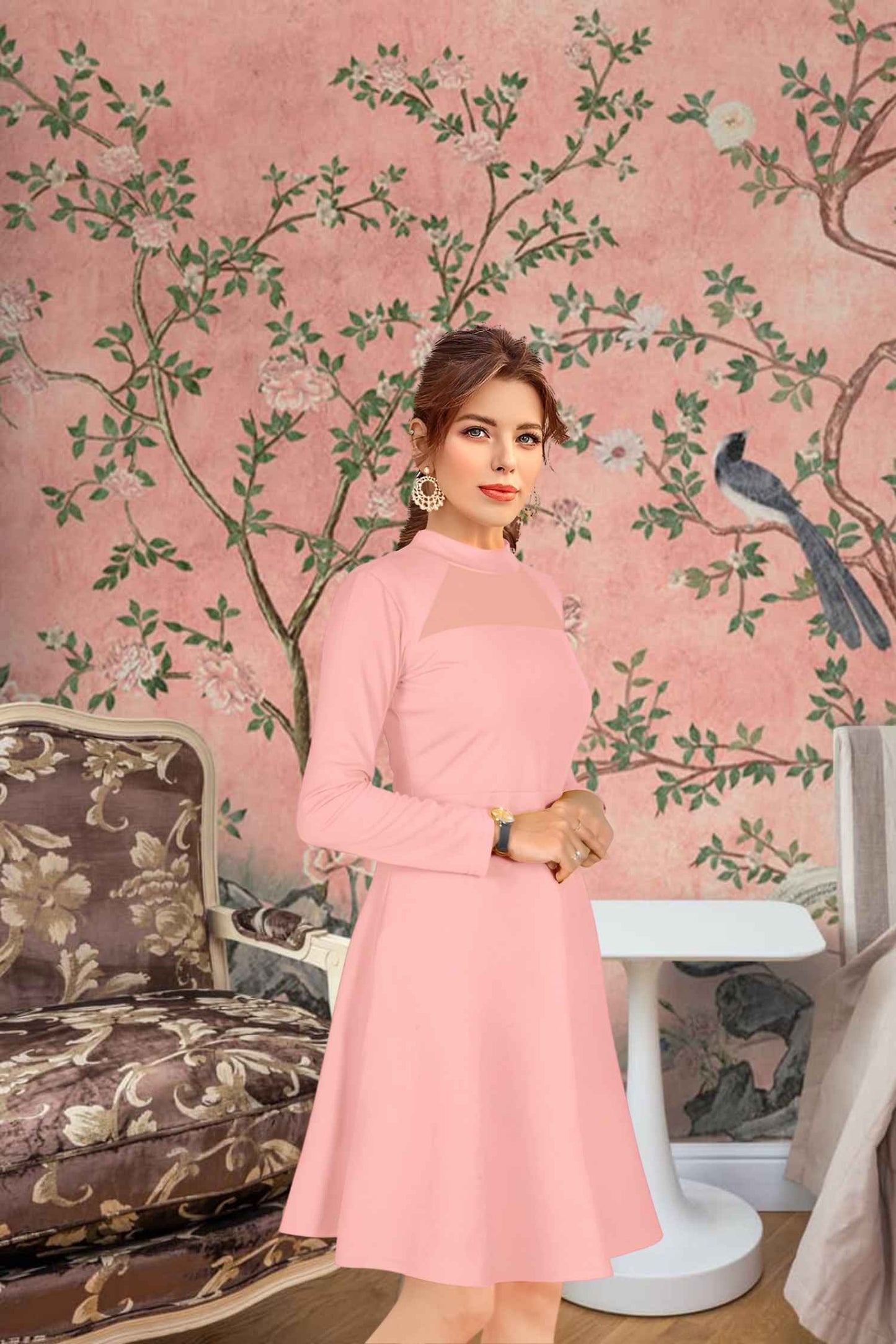 Side angle of peach round-neck fitted monochrome dress