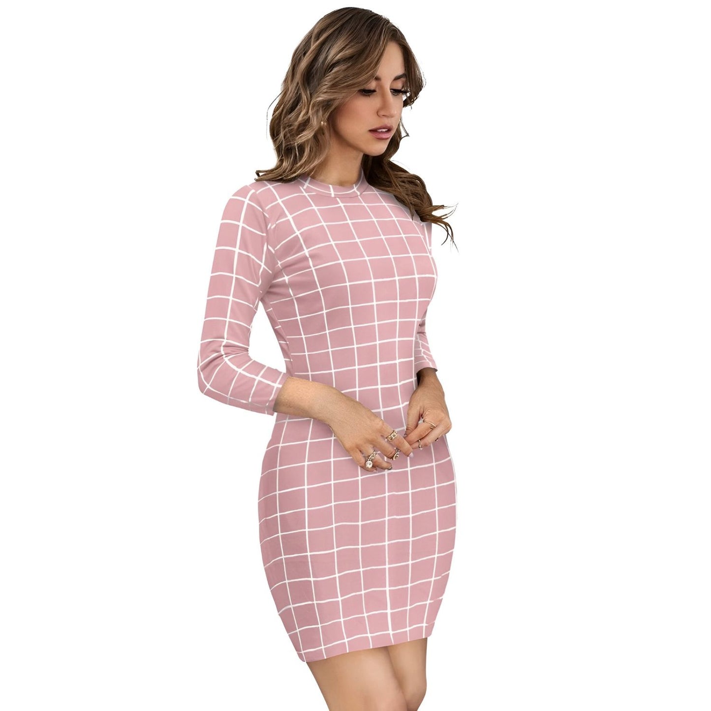 Studio model view of the "Blush Dynasty" Peach High Neck Full Sleeve Bodycon Dress by Celestina.