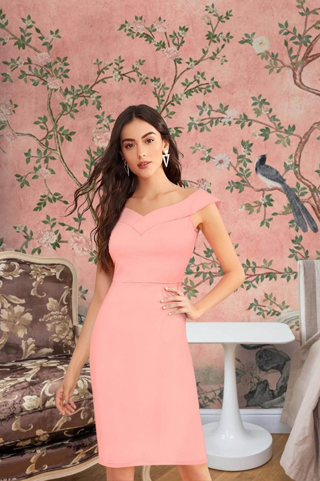 Front view of Celestina’s Blush Mirage peach sleeveless knit dress