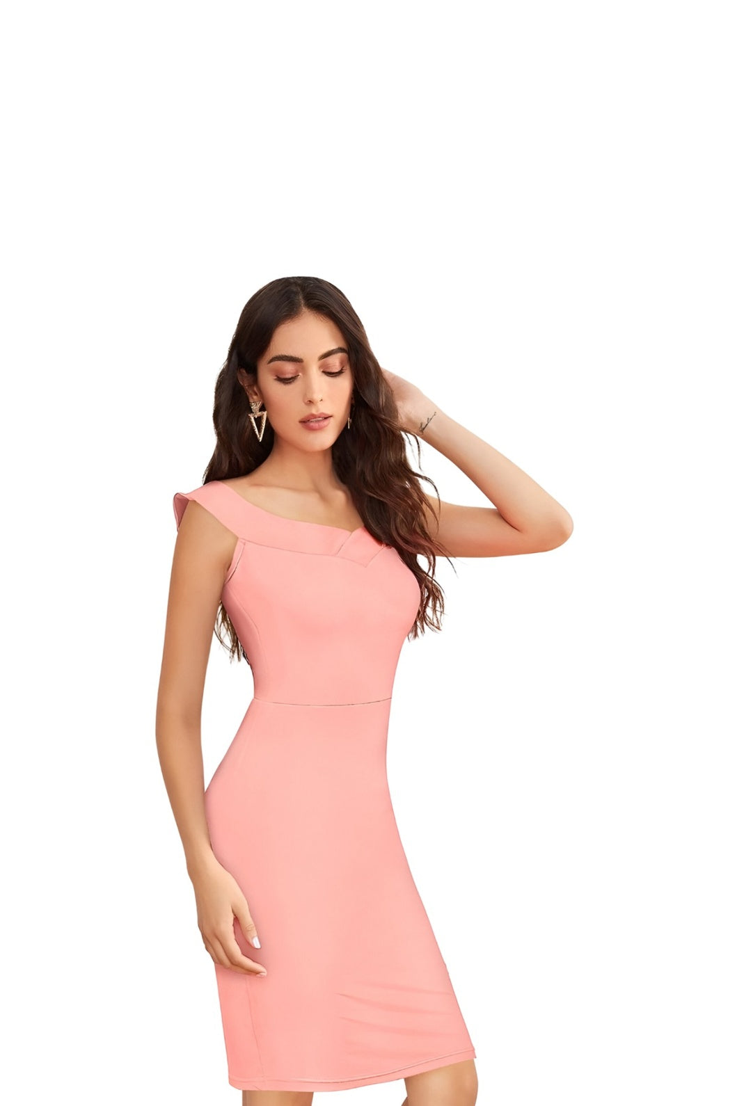 Front-facing view of Blush Mirage peach knit dress on plain backdrop