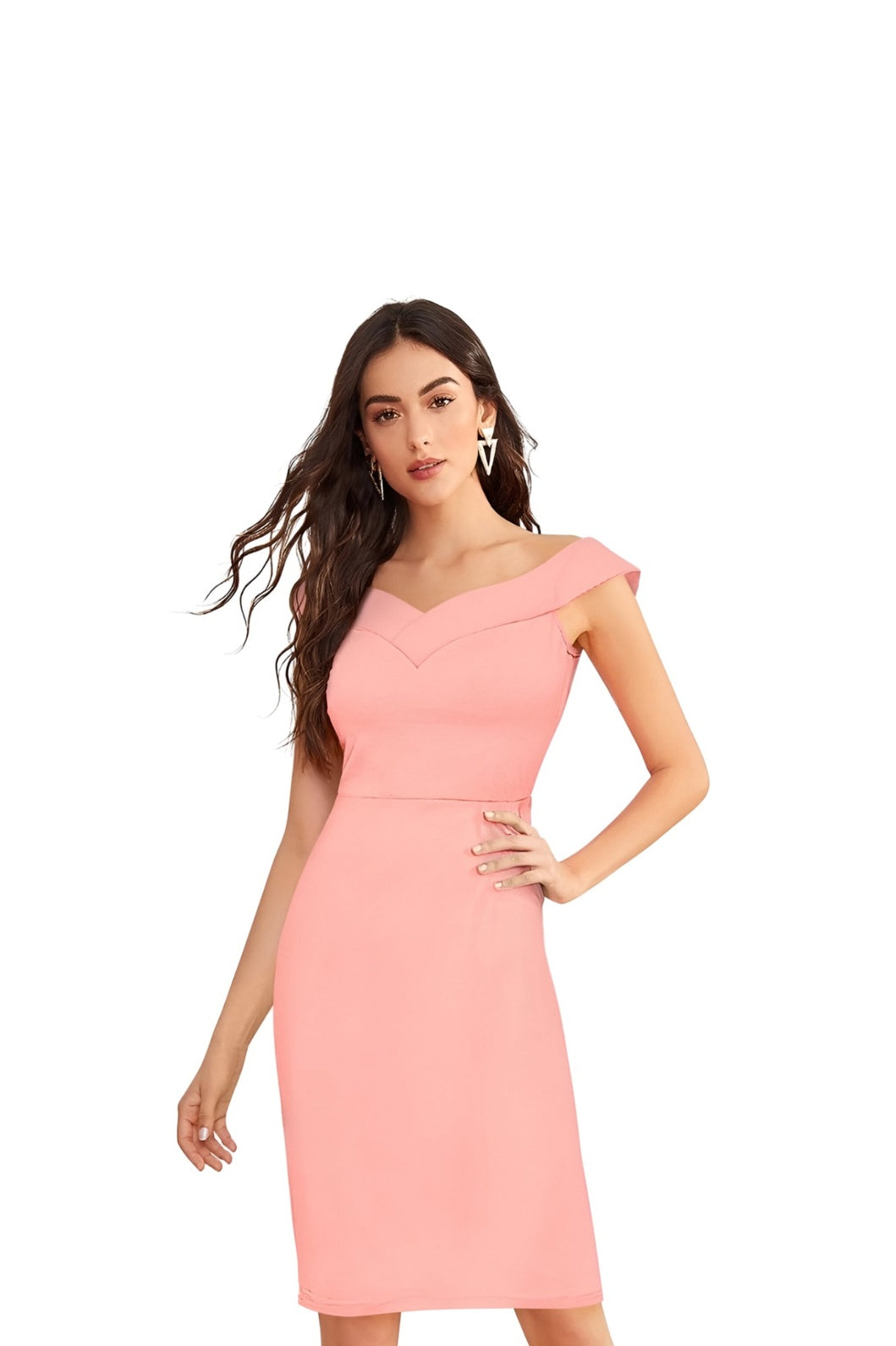 Front-facing view of Blush Mirage peach knit dress on plain backdrop