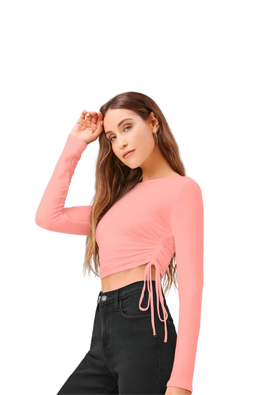 Studio shot of peach full sleeve round neck women’s top