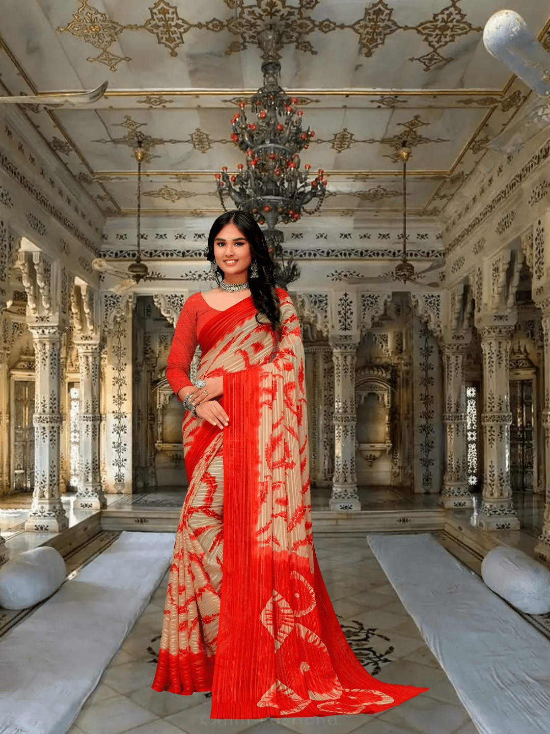 Red-cream georgette saree twirling at golden hour