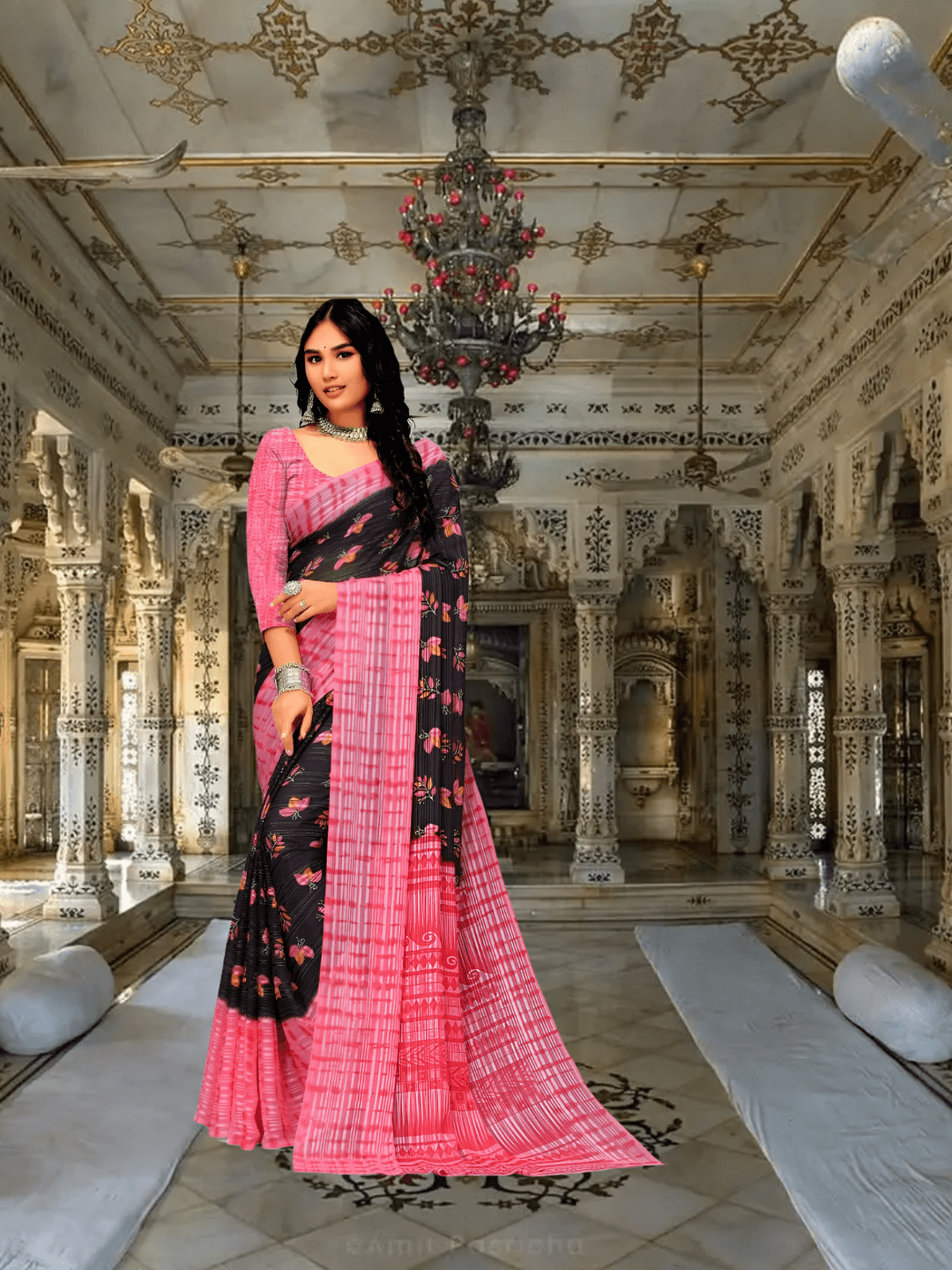 Pink-black georgette saree in rose garden – romantic edge styling