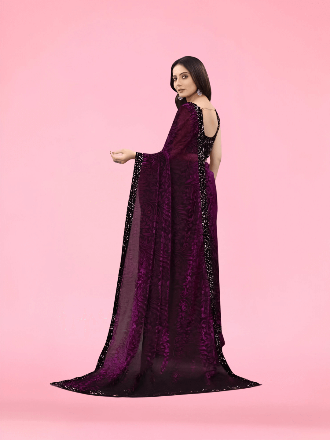 Wine floral Lycra saree with shiny black border – party wear