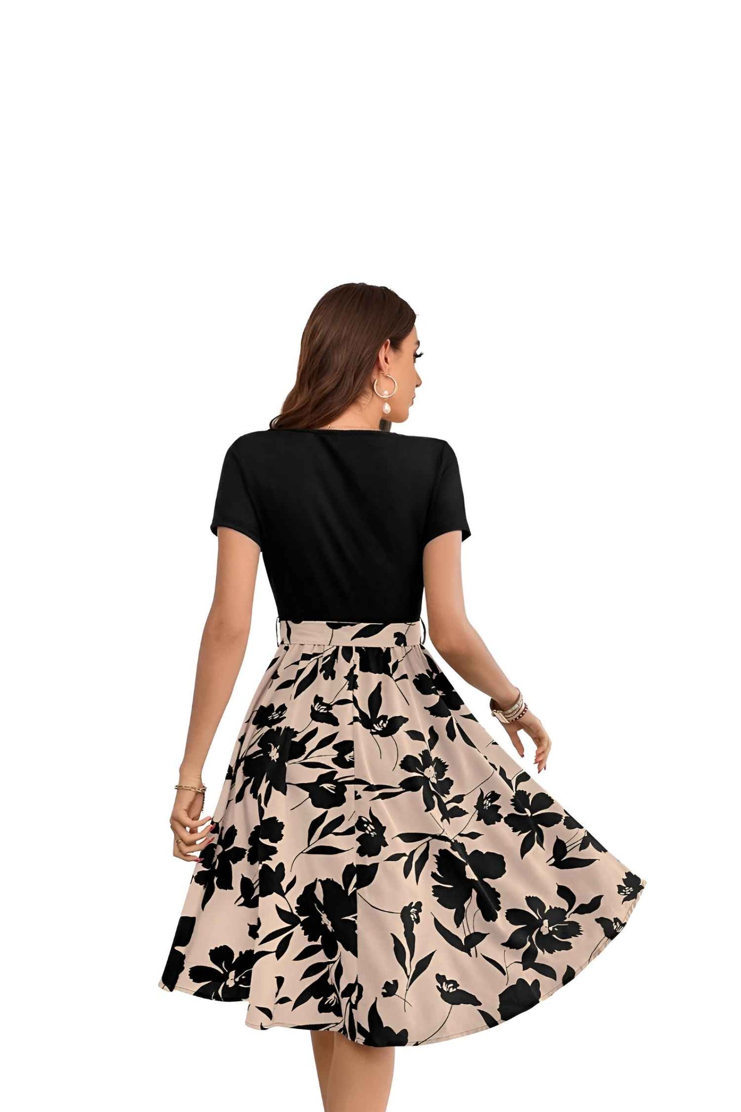 Back view of the black and cream floral dress without background