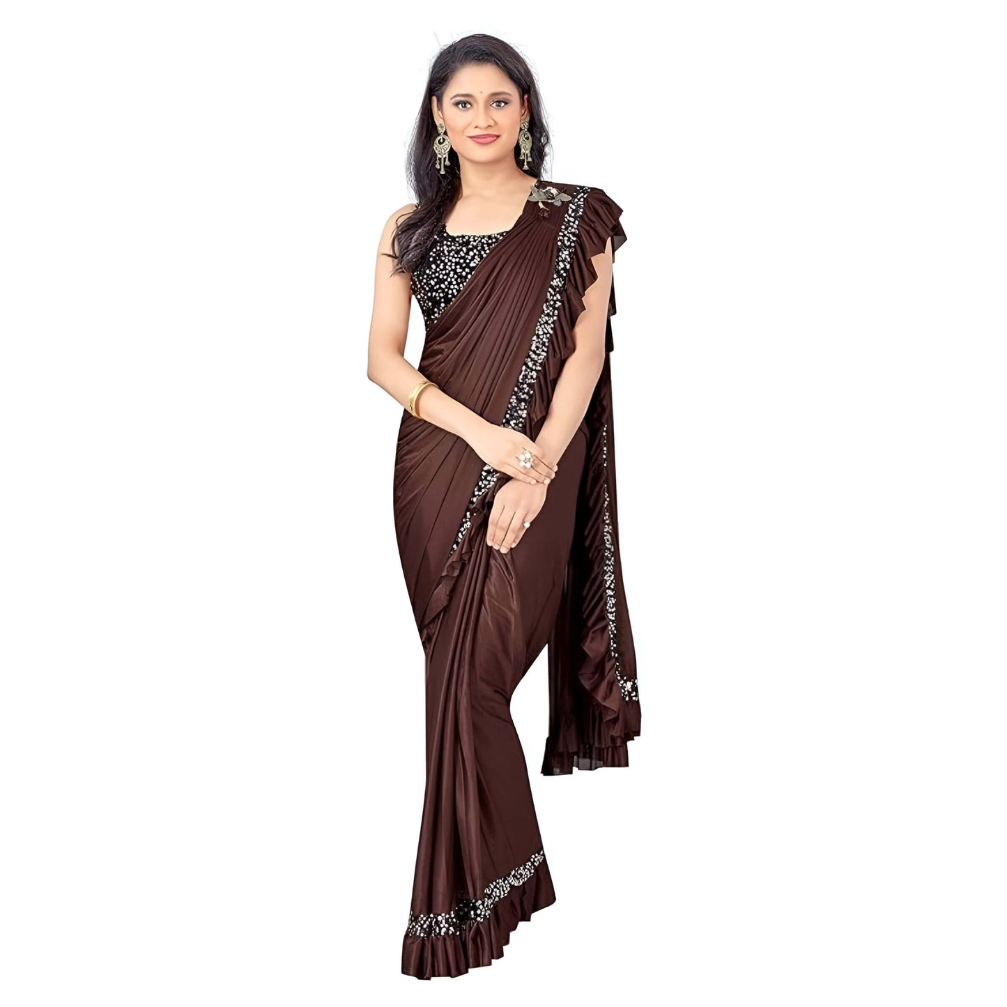 Brown Lycra saree with black blouse – party wear drape