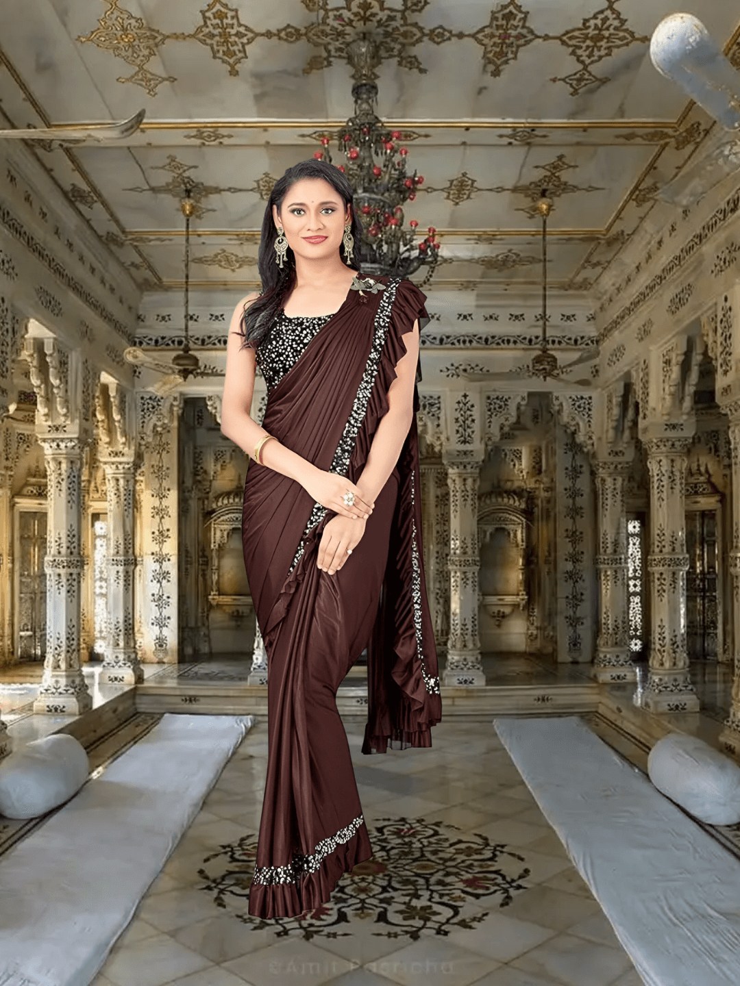 Brown Lycra saree with black blouse – party wear drape