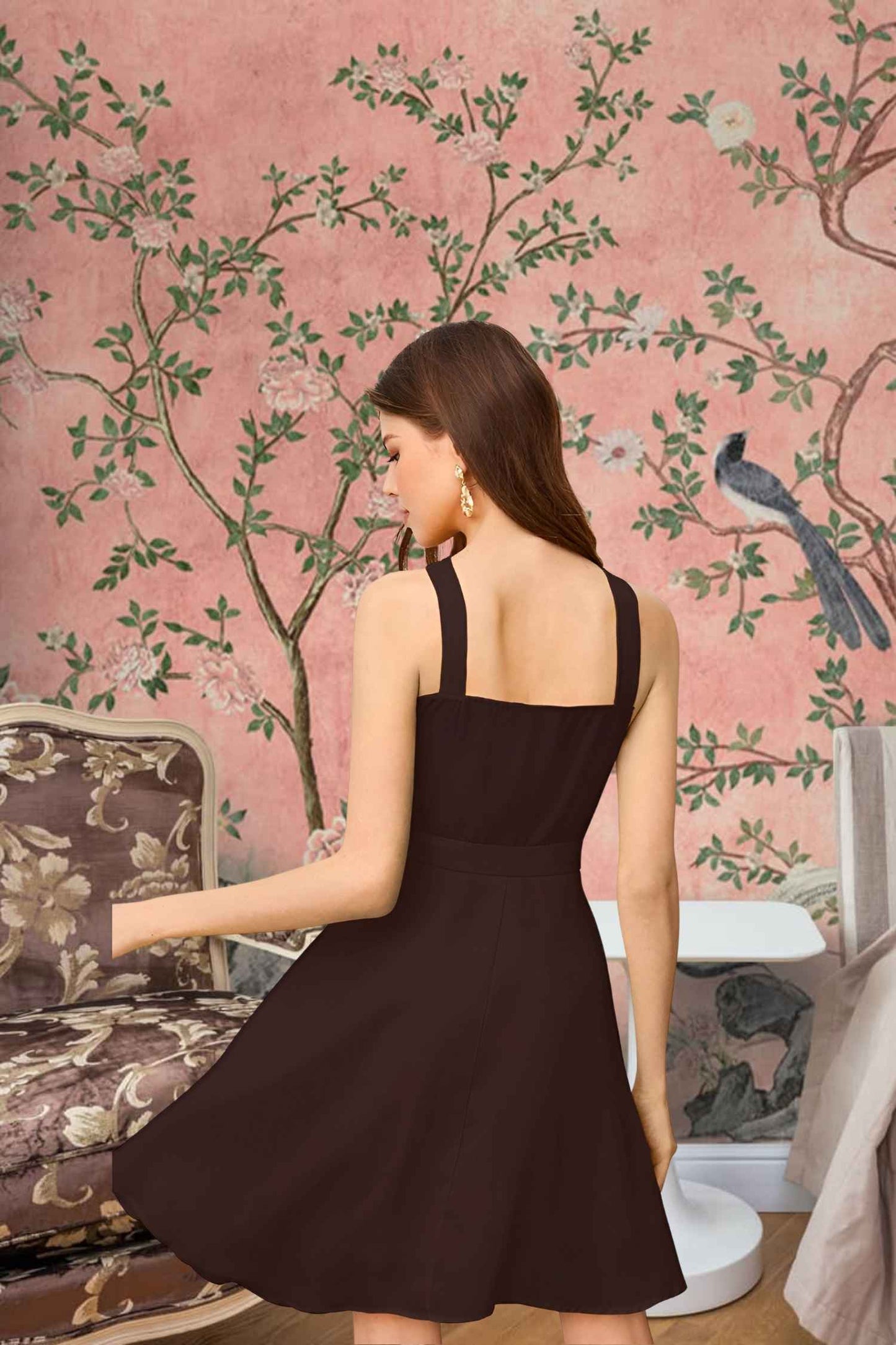 Back cut of sleeveless coffee dress with subtle shimmer