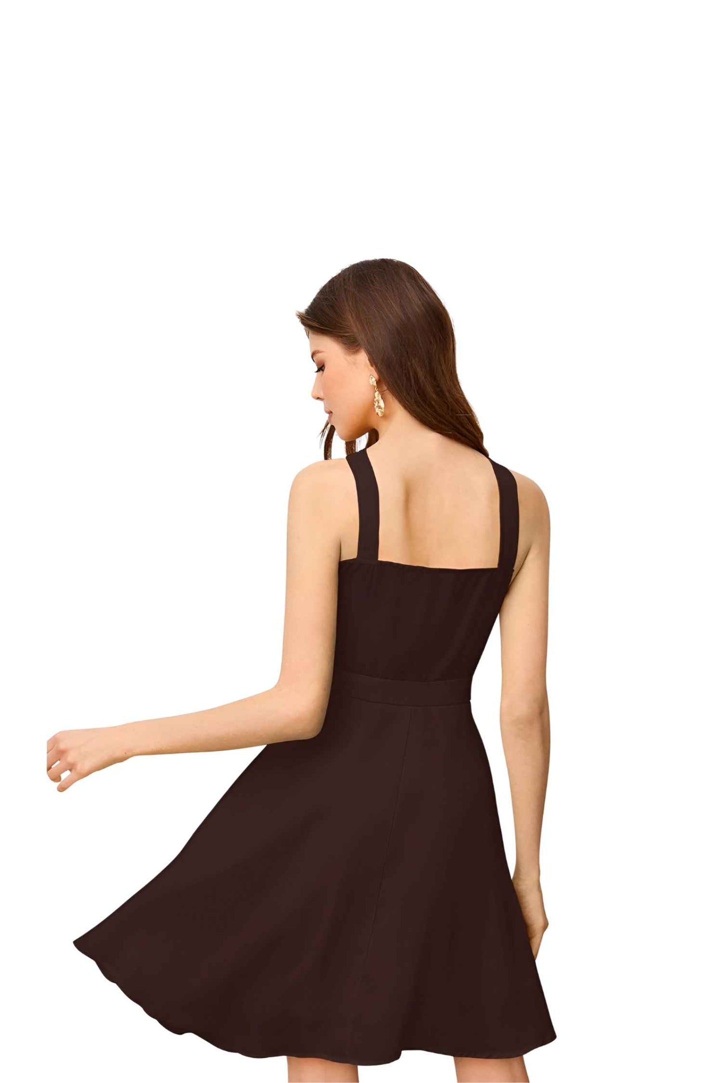 Back profile of sleeveless coffee brown dress
