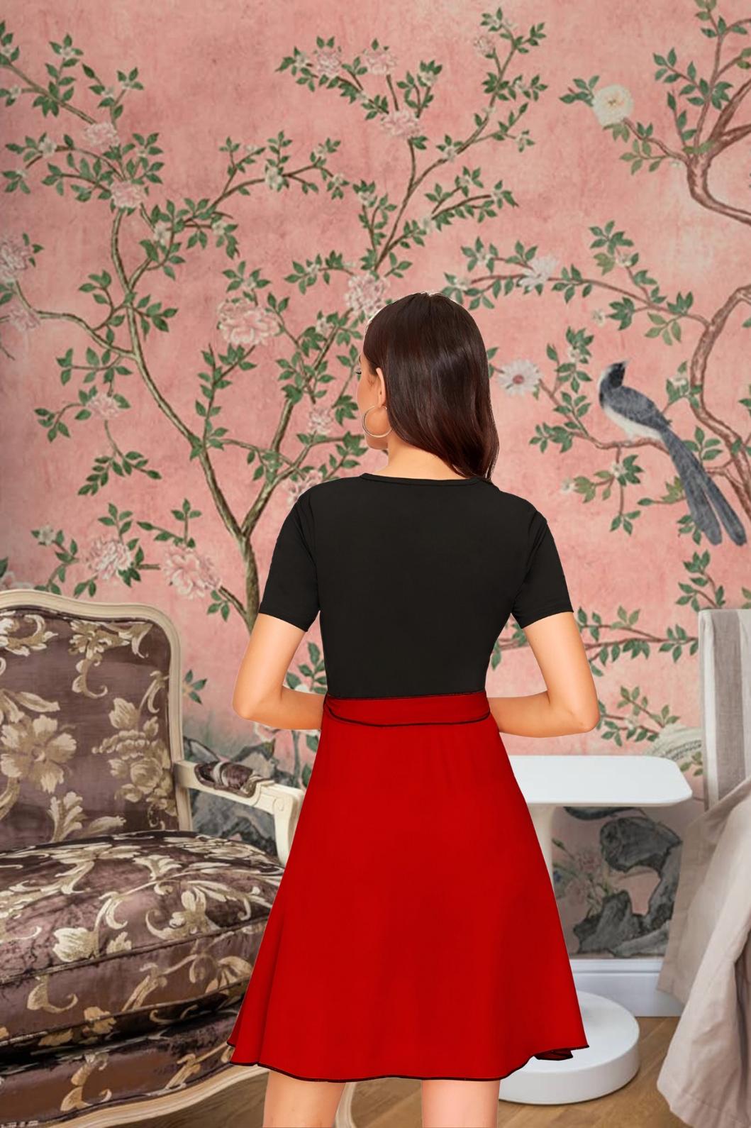 Back profile of The Carmine Waltz with soft movement in fabric