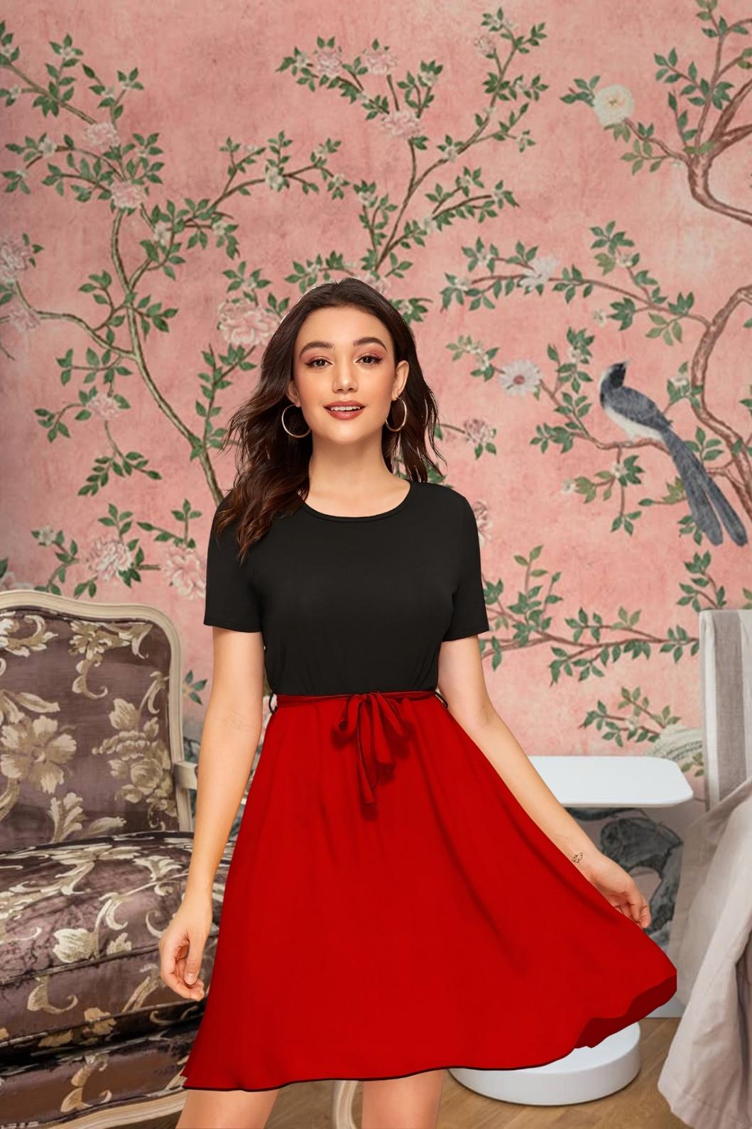 Front view of The Carmine Waltz knit dress in black and red