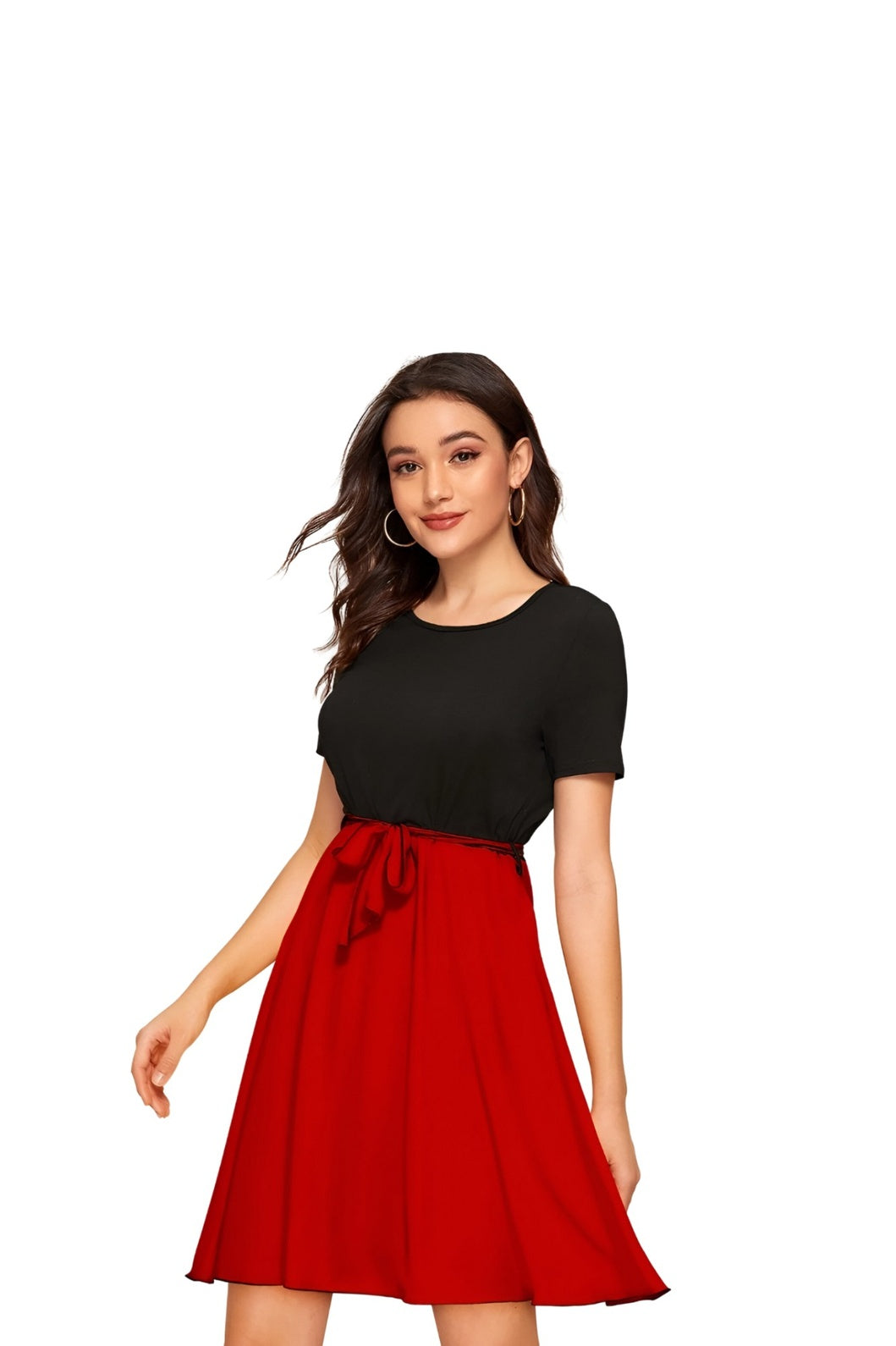 Model wearing The Carmine Waltz on clean background