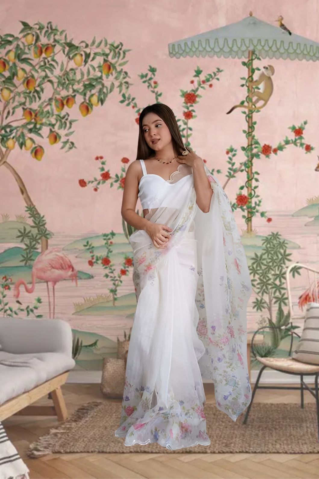 White organza saree full front view draped elegantly